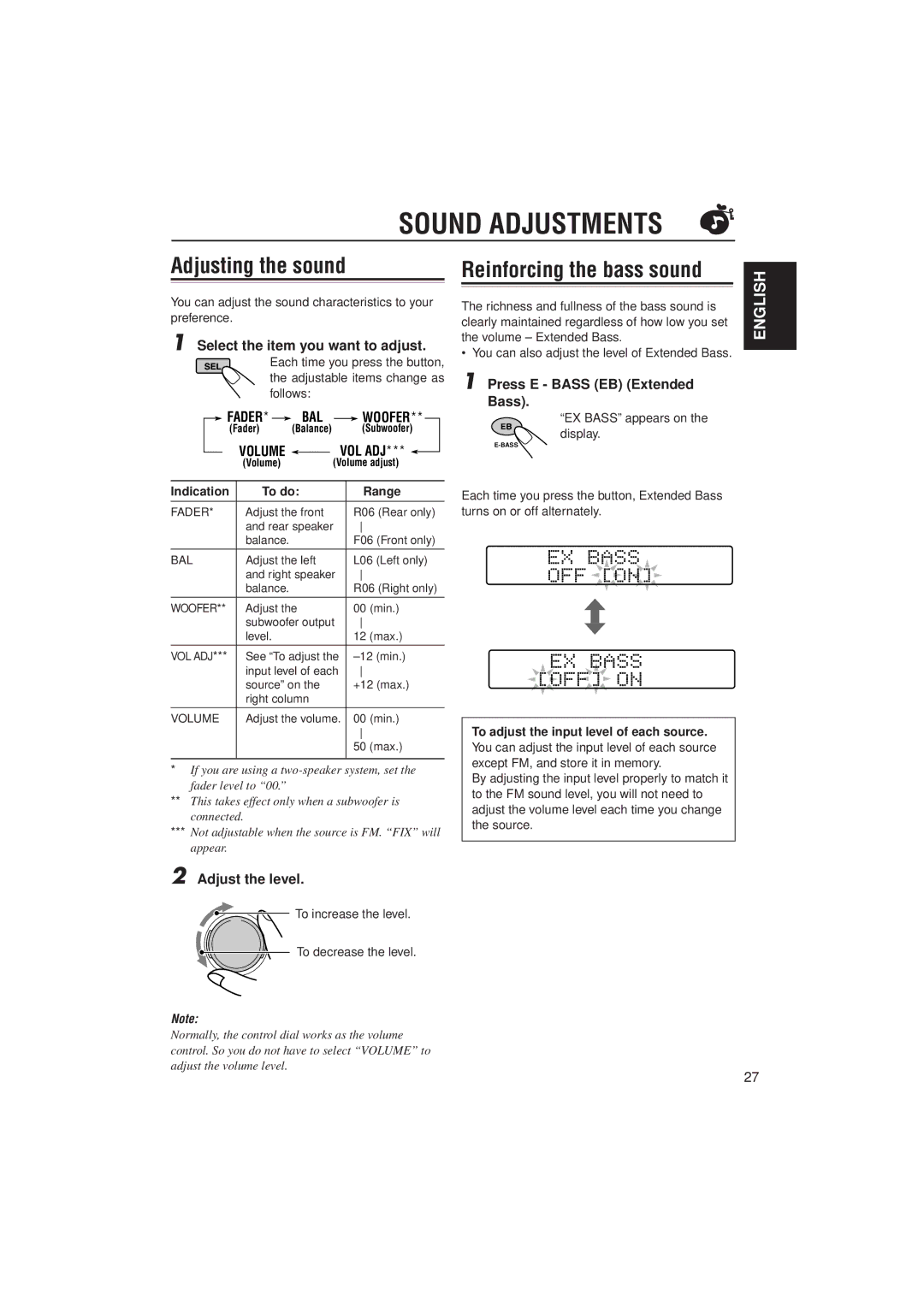 JVC KD-SH707 manual Sound Adjustments, Adjusting the sound, Reinforcing the bass sound, Woofer, Vol Adj 