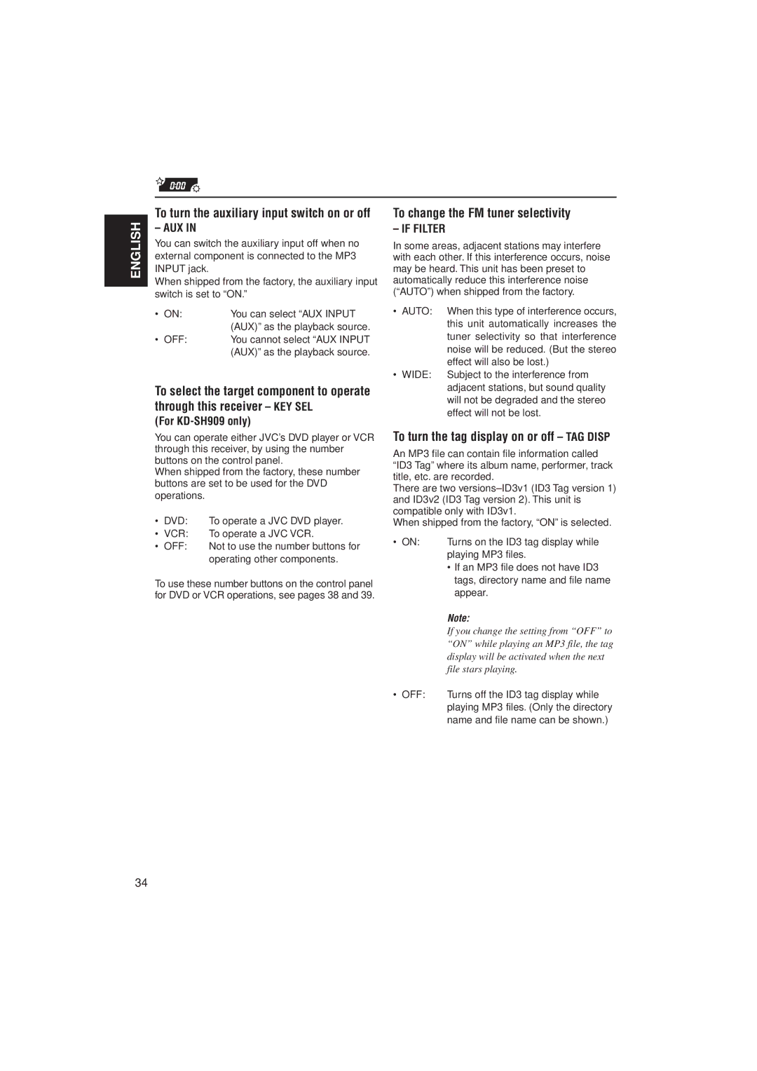 JVC KD-SH707 manual To change the FM tuner selectivity, To turn the tag display on or off TAG Disp, Aux, If Filter 