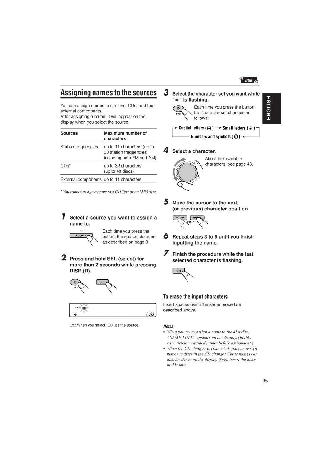 JVC KD-SH707 manual To erase the input characters, Select a source you want to assign a name to, Select a character 