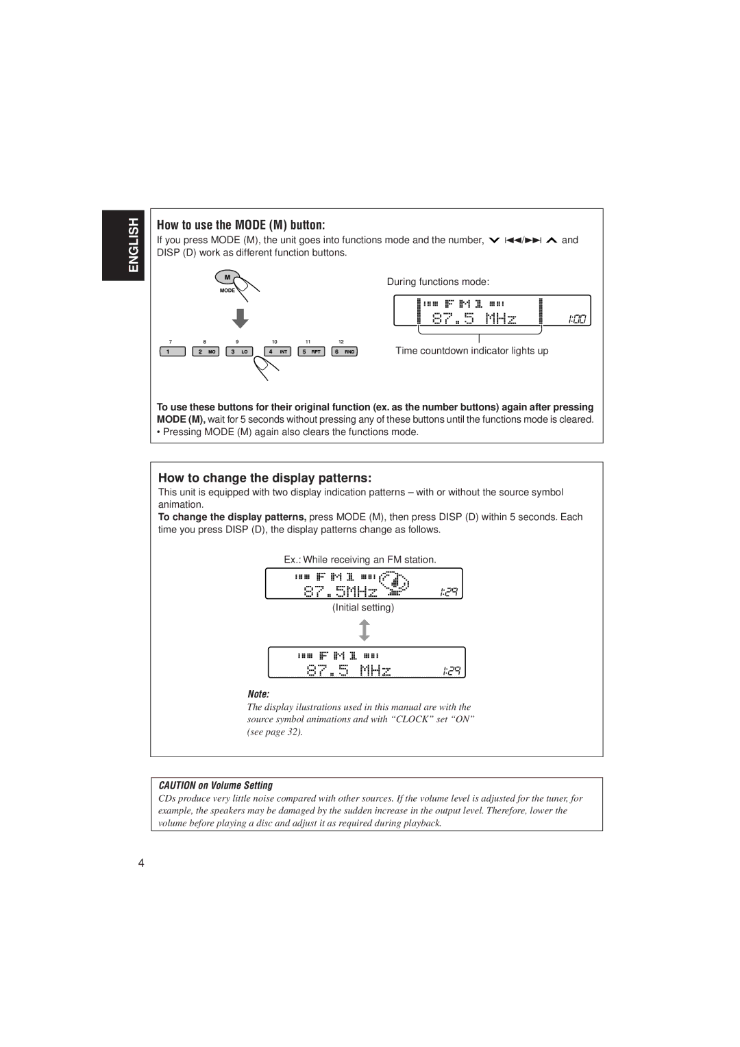 JVC KD-SH707 manual How to change the display patterns, Time countdown indicator lights up 