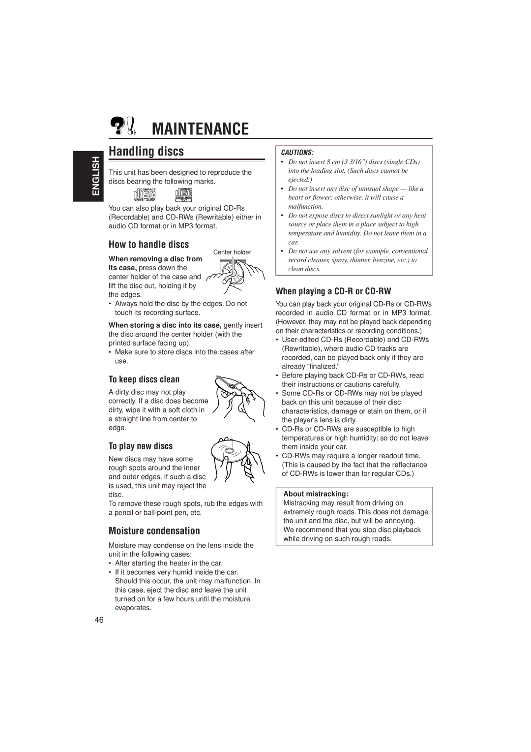 JVC KD-SH707 manual Maintenance, Handling discs, How to handle discs, Moisture condensation 