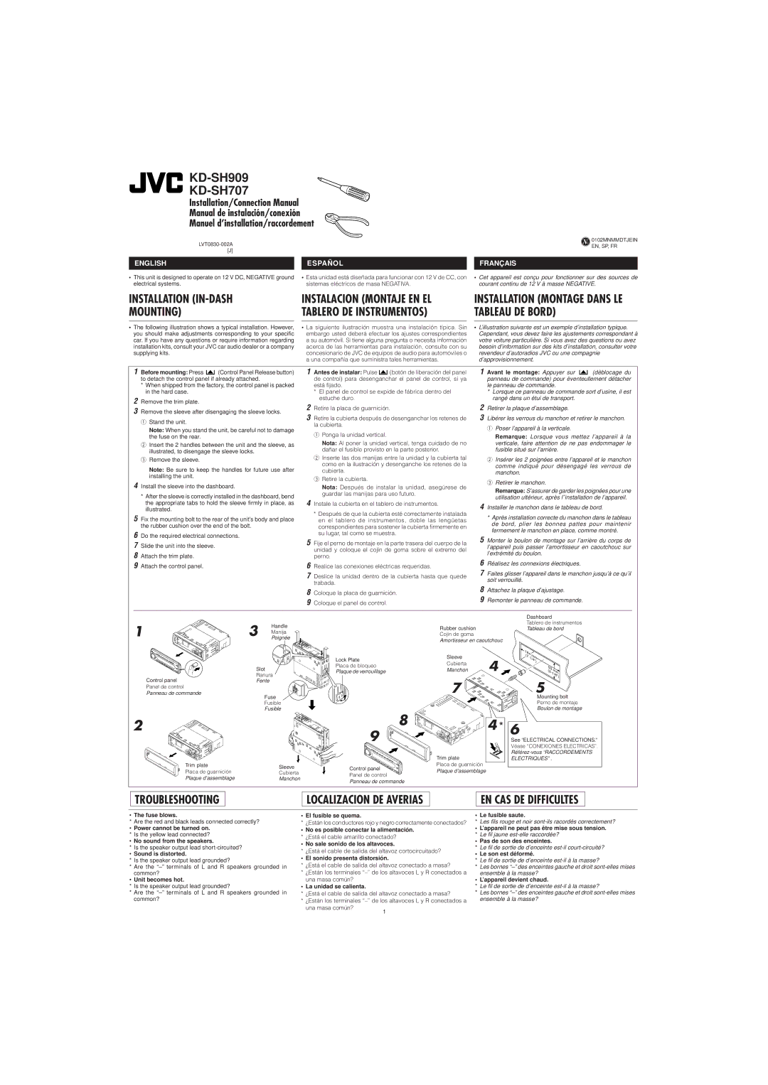 JVC KD-SH707 manual Installation IN-DASH, Mounting, Tableau DE Bord 