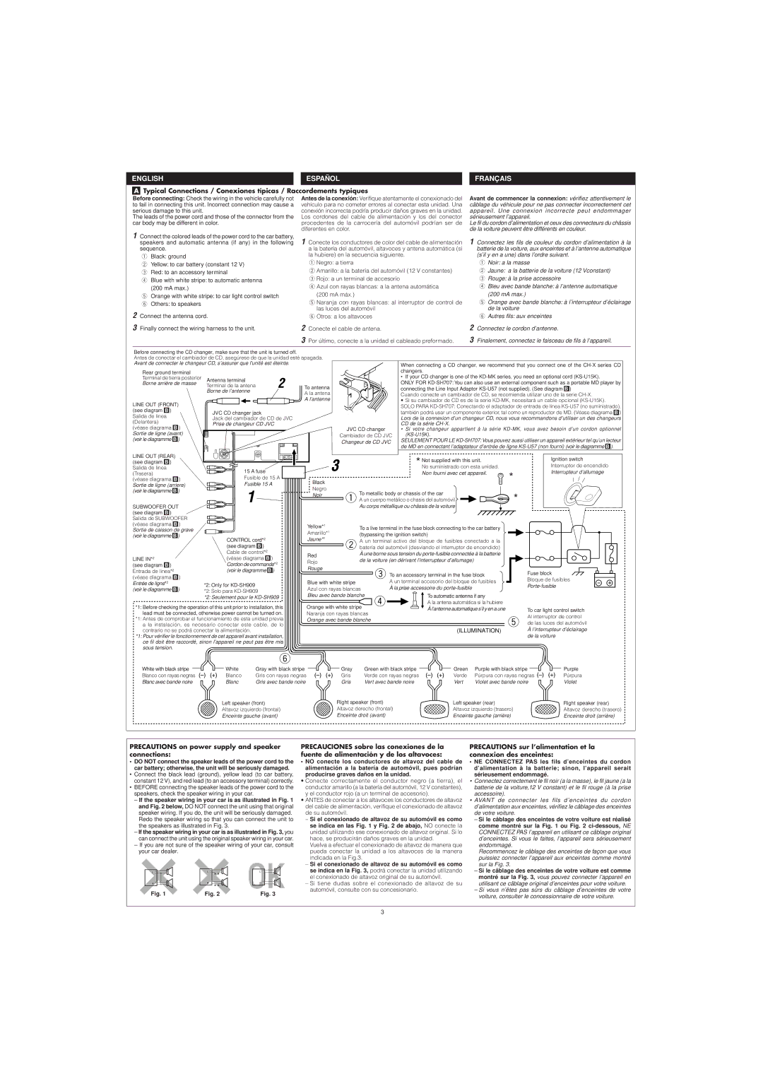 JVC KD-SH707 manual Precautions on power supply and speaker connections 