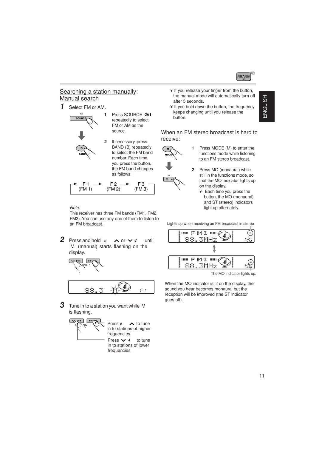 JVC KD-SH909 Searching a station manually Manual search, When an FM stereo broadcast is hard to receive 