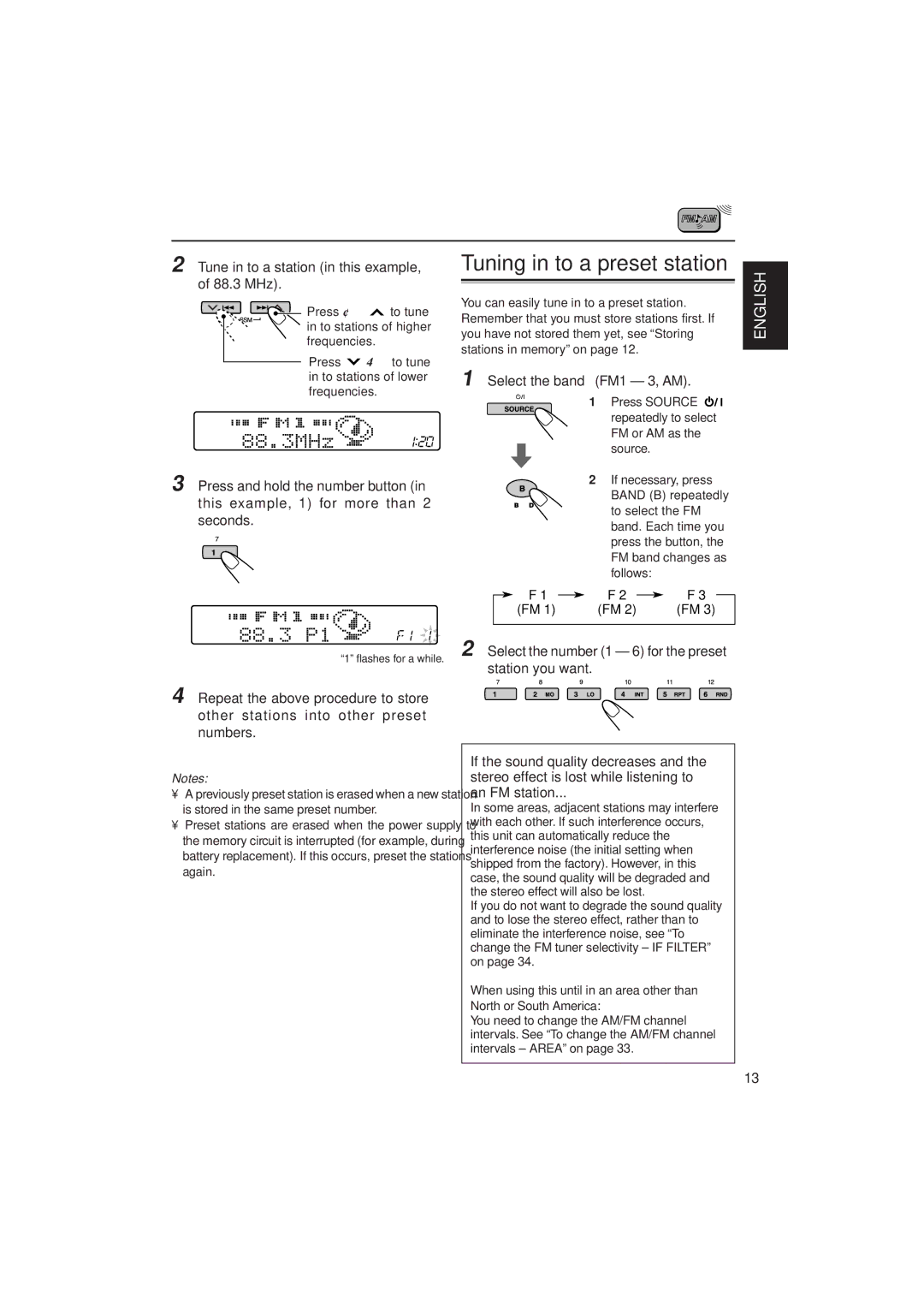 JVC KD-SH909 manual Tune in to a station in this example, of 88.3 MHz, Press and hold the number button 