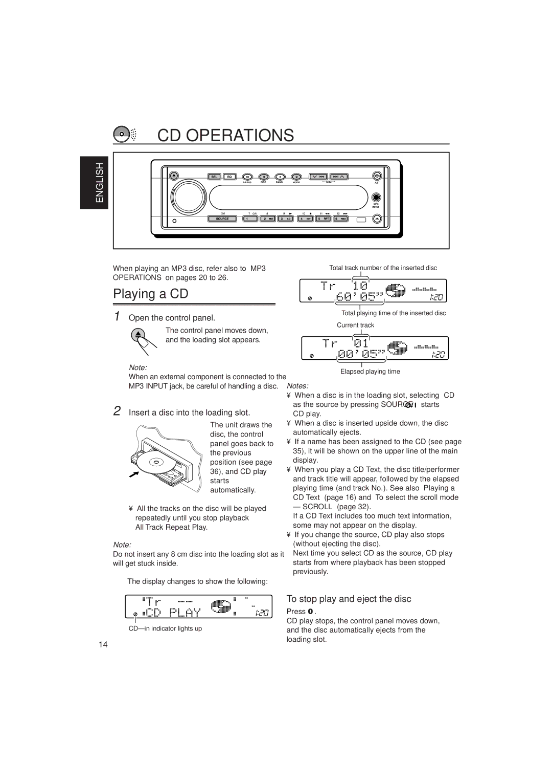 JVC KD-SH909 manual CD Operations, Playing a CD, To stop play and eject the disc, Open the control panel 