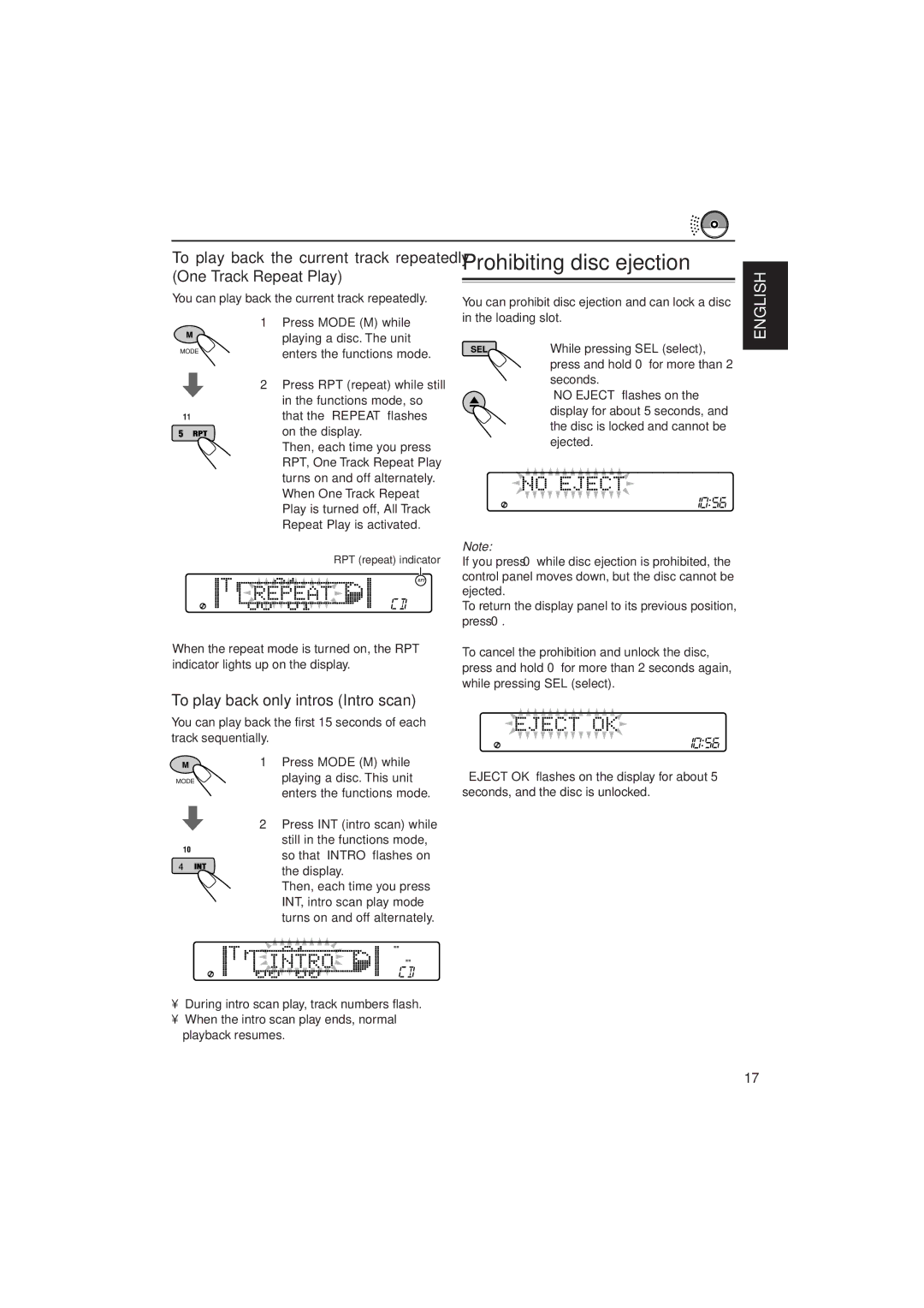 JVC KD-SH909 manual Prohibiting disc ejection, To play back only intros Intro scan, Enters the functions mode 