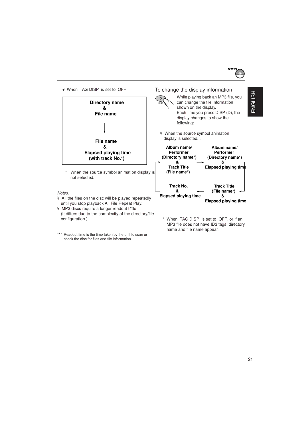 JVC KD-SH909 manual To change the display information, Directory name File name, When TAG Disp is set to OFF 