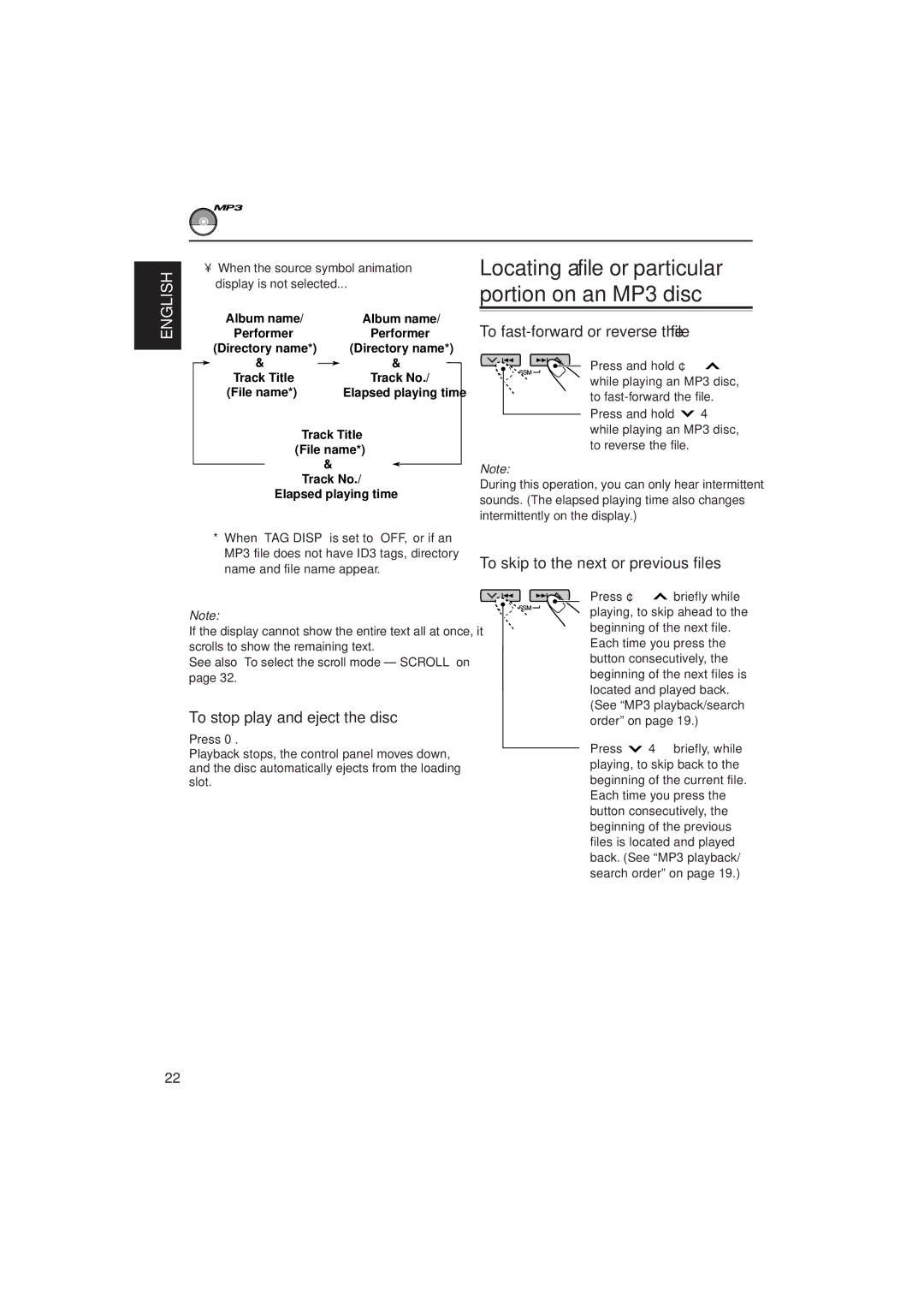 JVC KD-SH909 To fast-forward or reverse the file, To skip to the next or previous files, When the source symbol animation 