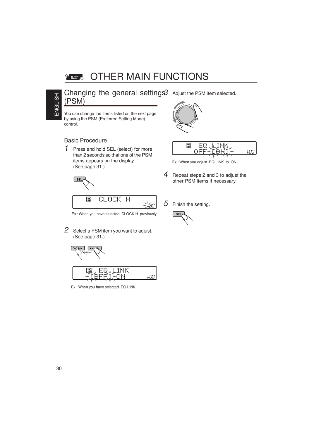 JVC KD-SH909 manual Other Main Functions, Basic Procedure, Select a PSM item you want to adjust. See 