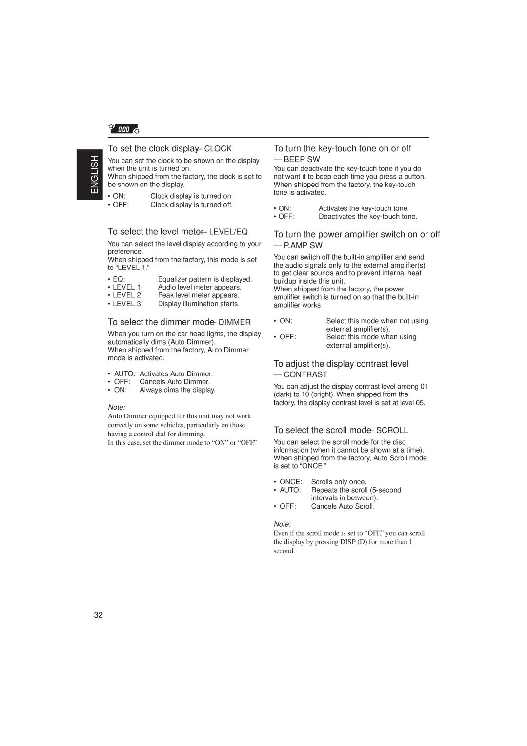 JVC KD-SH909 To set the clock display Clock, To turn the key-touch tone on or off, To select the level meter LEVEL/EQ 