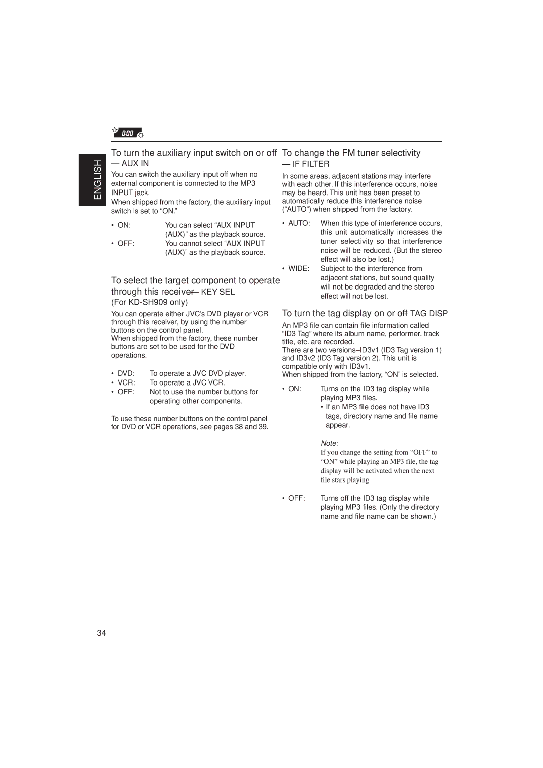 JVC KD-SH909 manual To change the FM tuner selectivity, Aux, If Filter, To turn the tag display on or off TAG Disp 