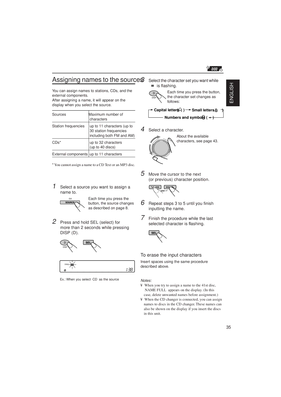 JVC KD-SH909 manual To erase the input characters, Select a source you want to assign a name to, Select a character 