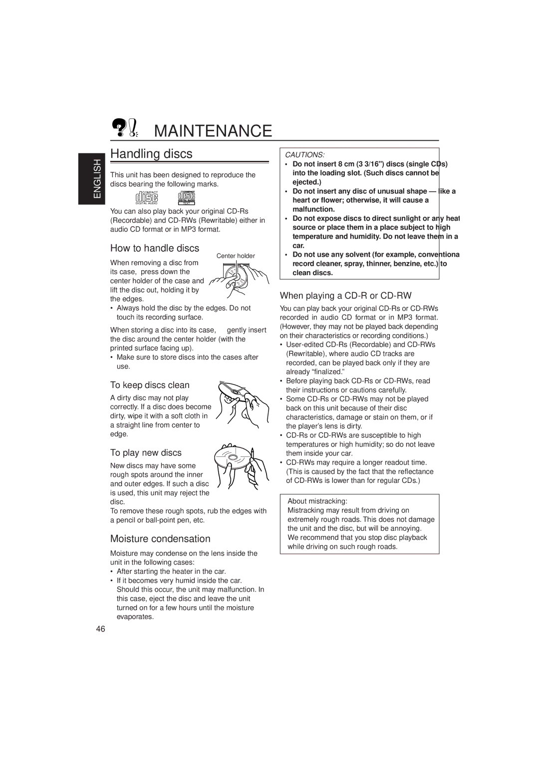 JVC KD-SH909 manual Maintenance, Handling discs, How to handle discs, Moisture condensation 