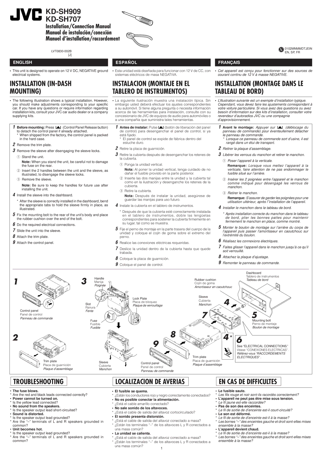 JVC KD-SH909 Before mounting Press, Antes de instalar Pulse, Avant le montage Appuyer sur, Fuse blows, Sound is distorted 