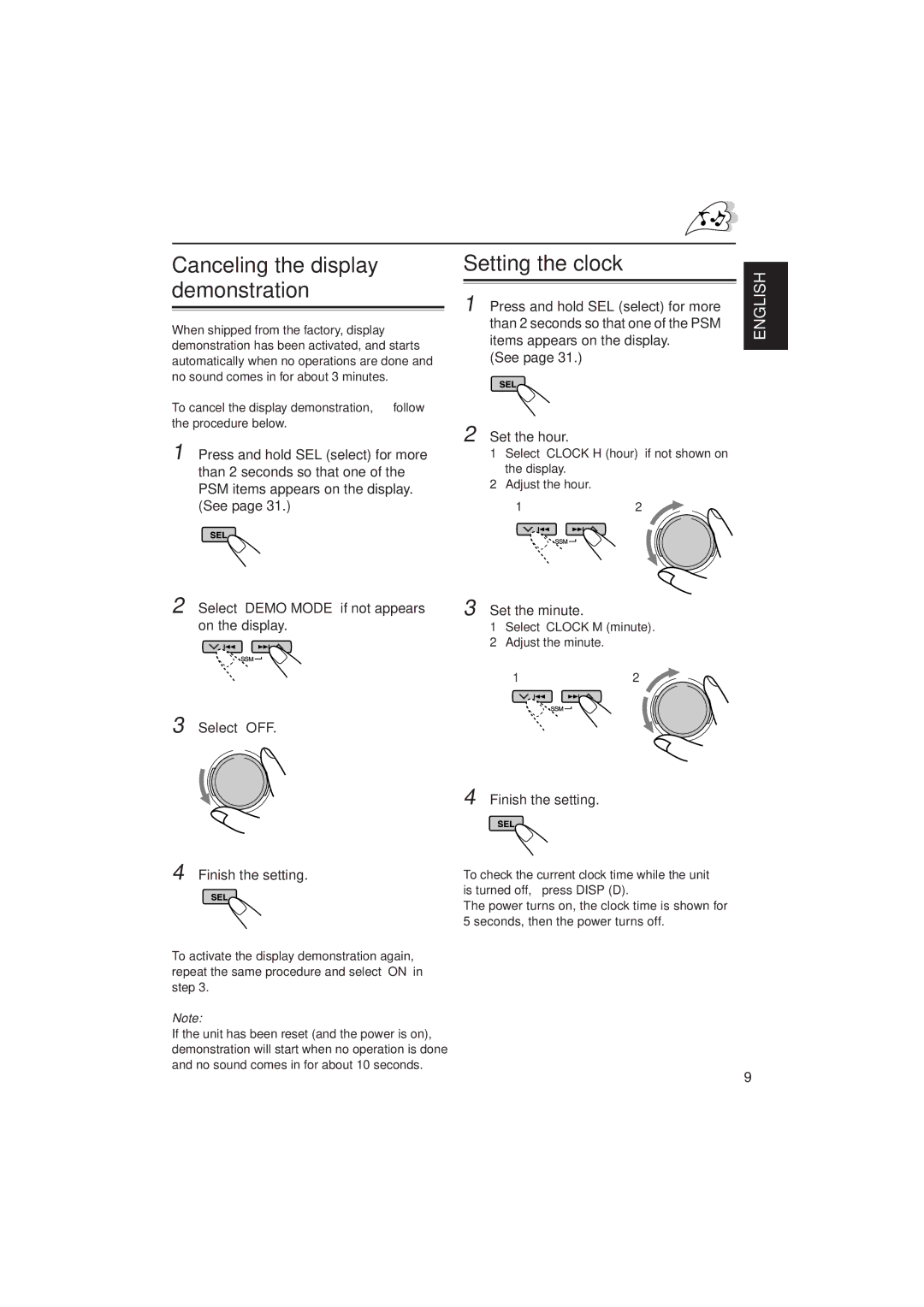 JVC KD-SH909 manual Set the minute, Select OFF Finish the setting, To cancel the display demonstration, follow 