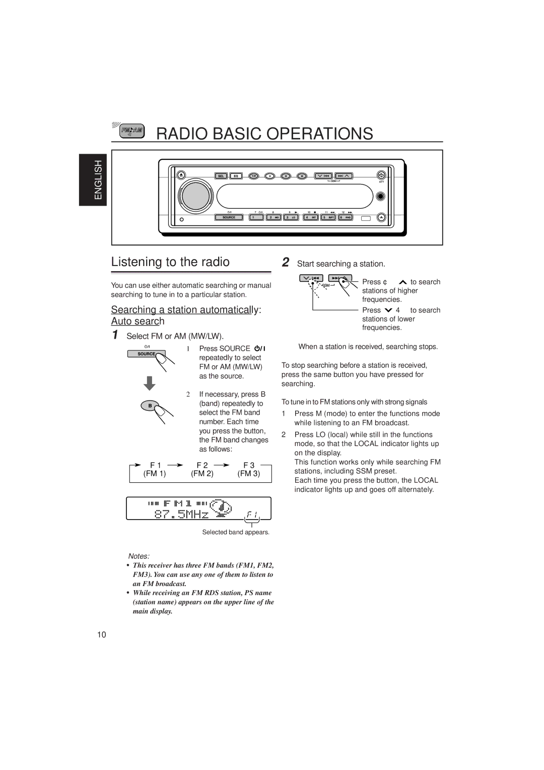 JVC KD-SH909R, KD-SH707R Radio Basic Operations, Listening to the radio, Searching a station automatically Auto search 