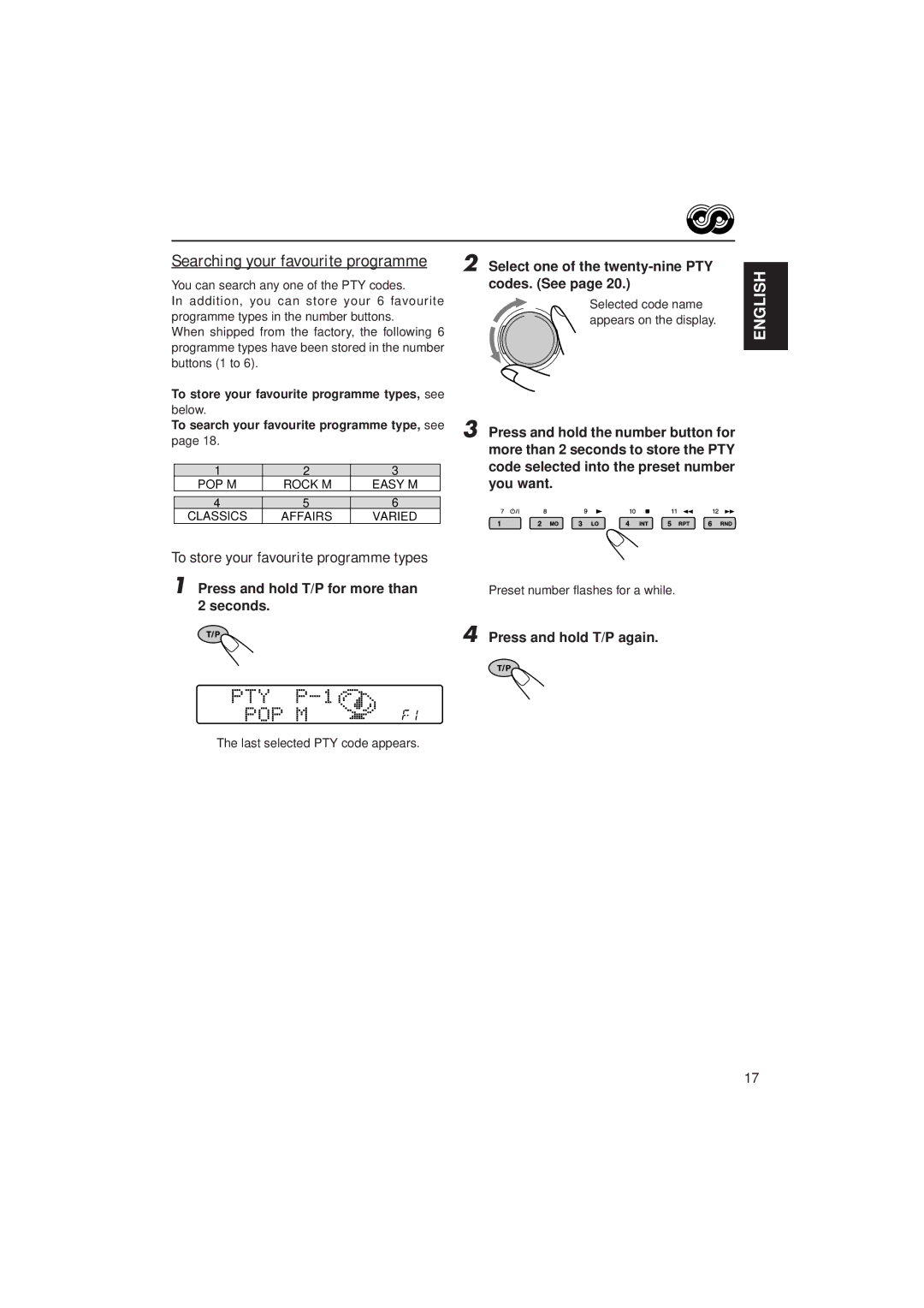 JVC KD-SH707R, KD-SH909R manual Searching your favourite programme, To store your favourite programme types 