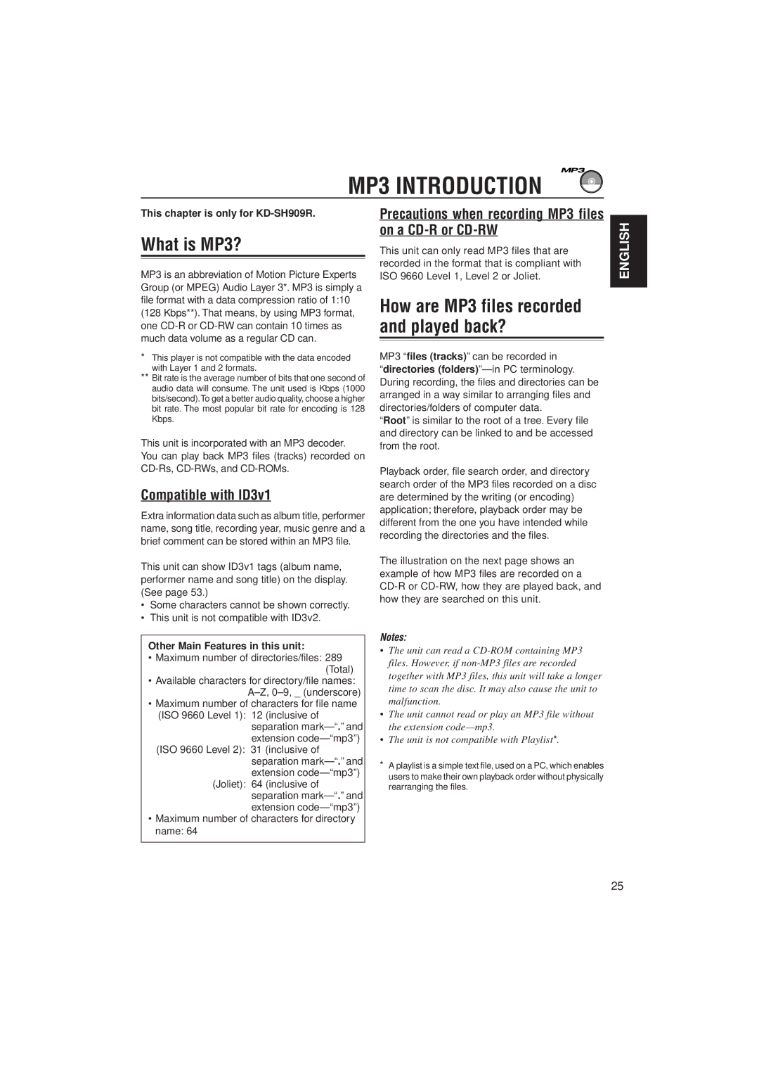 JVC KD-SH707R, KD-SH909R manual MP3 Introduction, What is MP3?, Compatible with ID3v1 