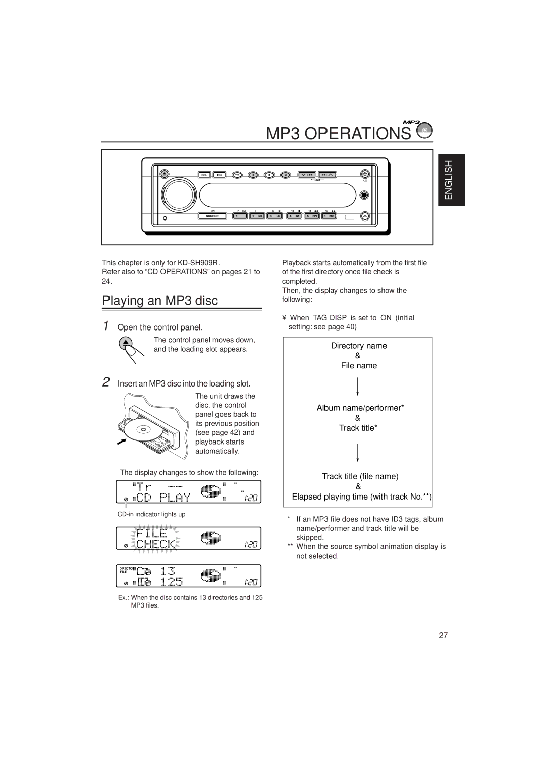 JVC KD-SH707R, KD-SH909R manual MP3 Operations, Playing an MP3 disc, Insert an MP3 disc into the loading slot 