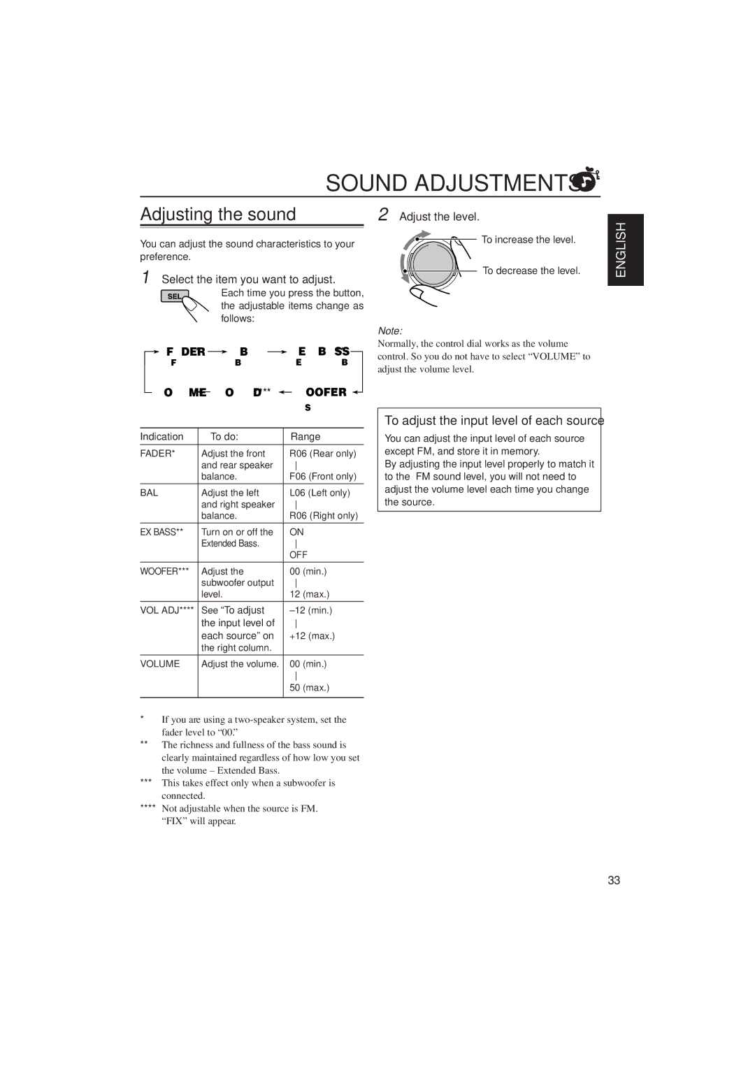 JVC KD-SH707R, KD-SH909R Sound Adjustments, Adjusting the sound, To adjust the input level of each source, Fader, Woofer 