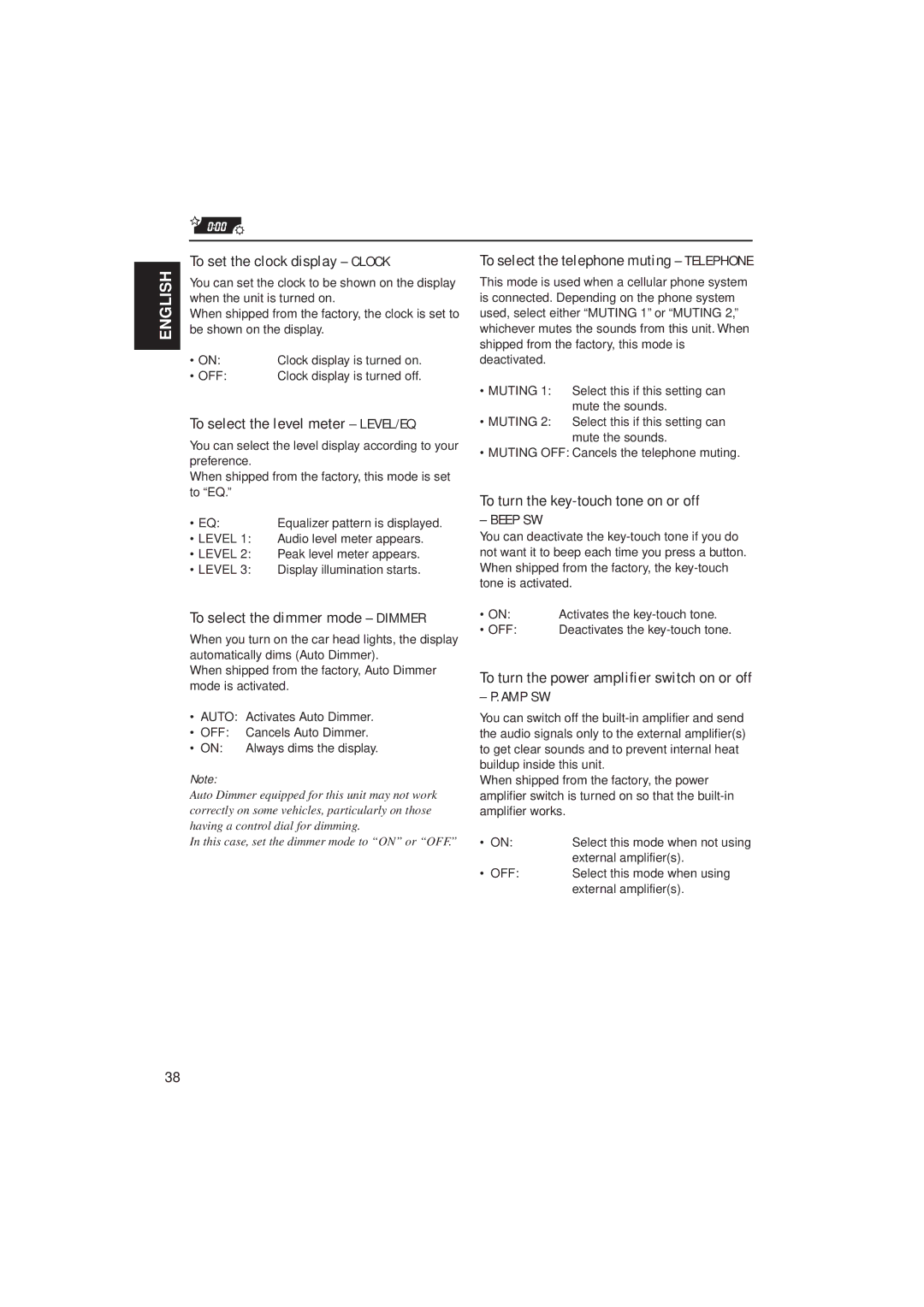 JVC KD-SH909R manual To set the clock display Clock, To select the level meter LEVEL/EQ, To select the dimmer mode Dimmer 