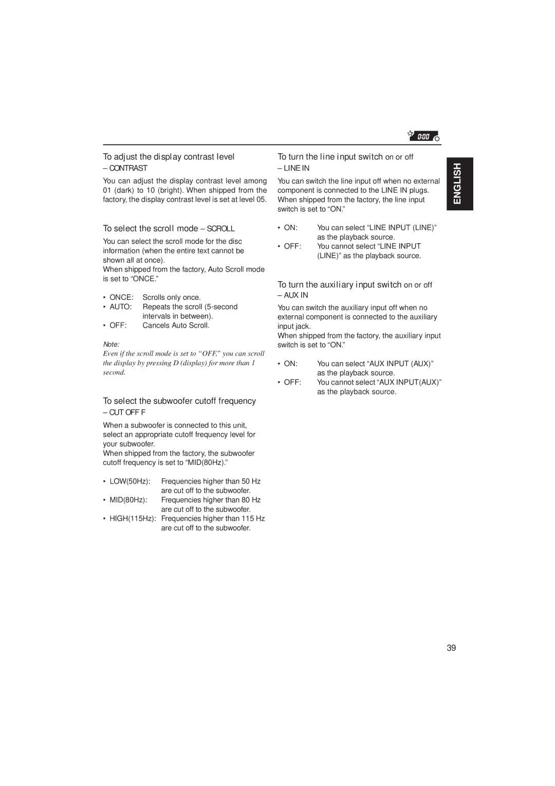 JVC KD-SH707R manual To adjust the display contrast level, To select the scroll mode Scroll, Contrast Line, Cut Off F, Aux 