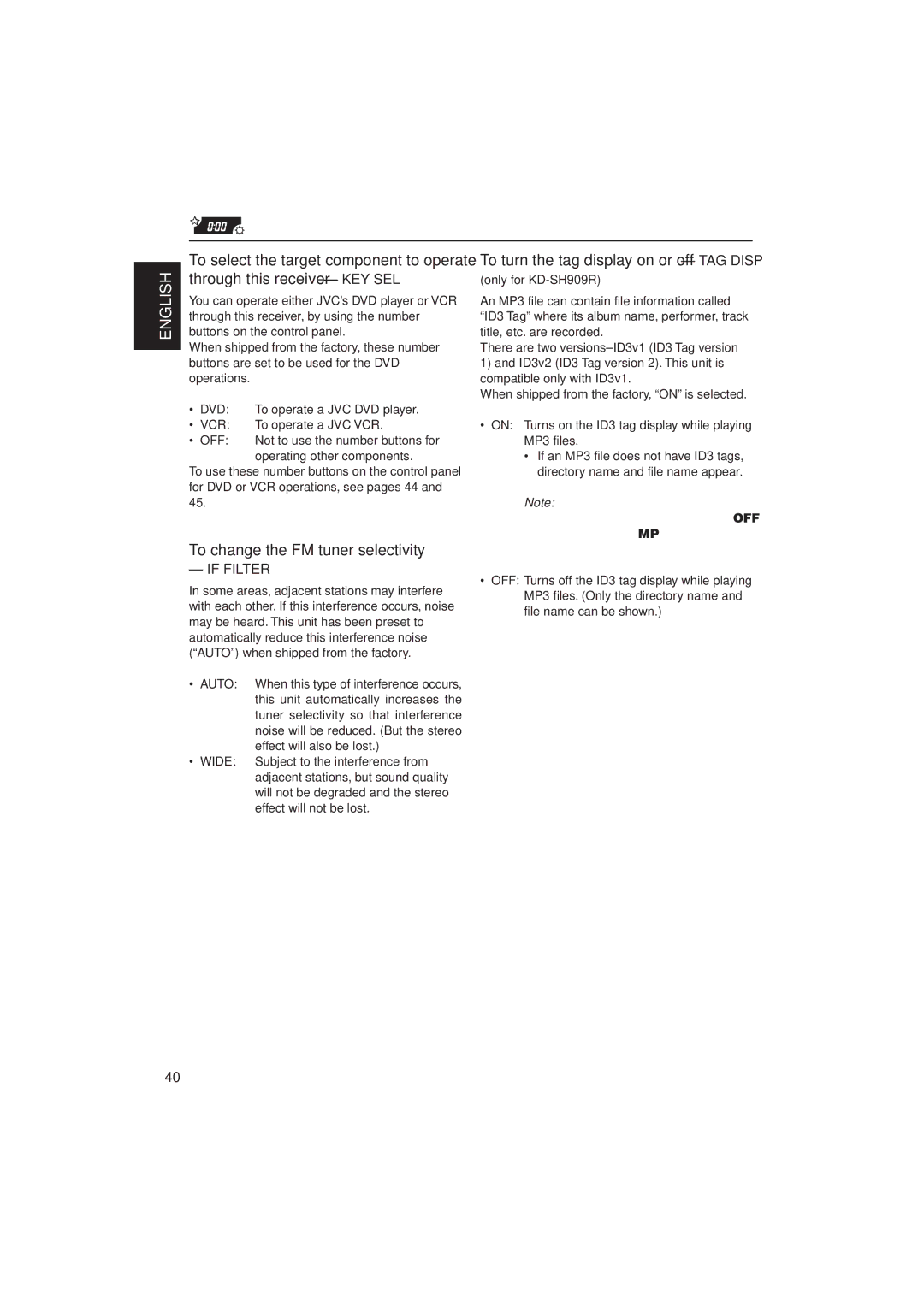 JVC KD-SH909R, KD-SH707R manual Through this receiver KEY SEL, To change the FM tuner selectivity, If Filter 