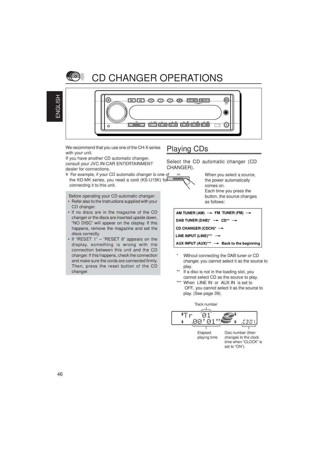 JVC KD-SH909R, KD-SH707R manual CD Changer Operations, Playing CDs, Select the CD automatic changer CD Changer 