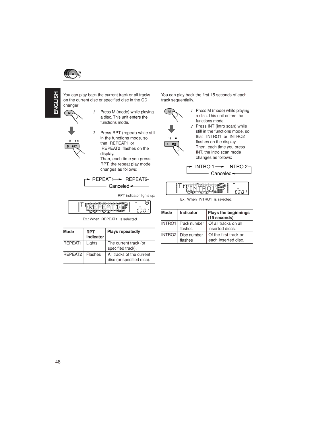 JVC KD-SH909R, KD-SH707R manual Intro 1 Intro, To play back tracks repeatedly Repeat Play 