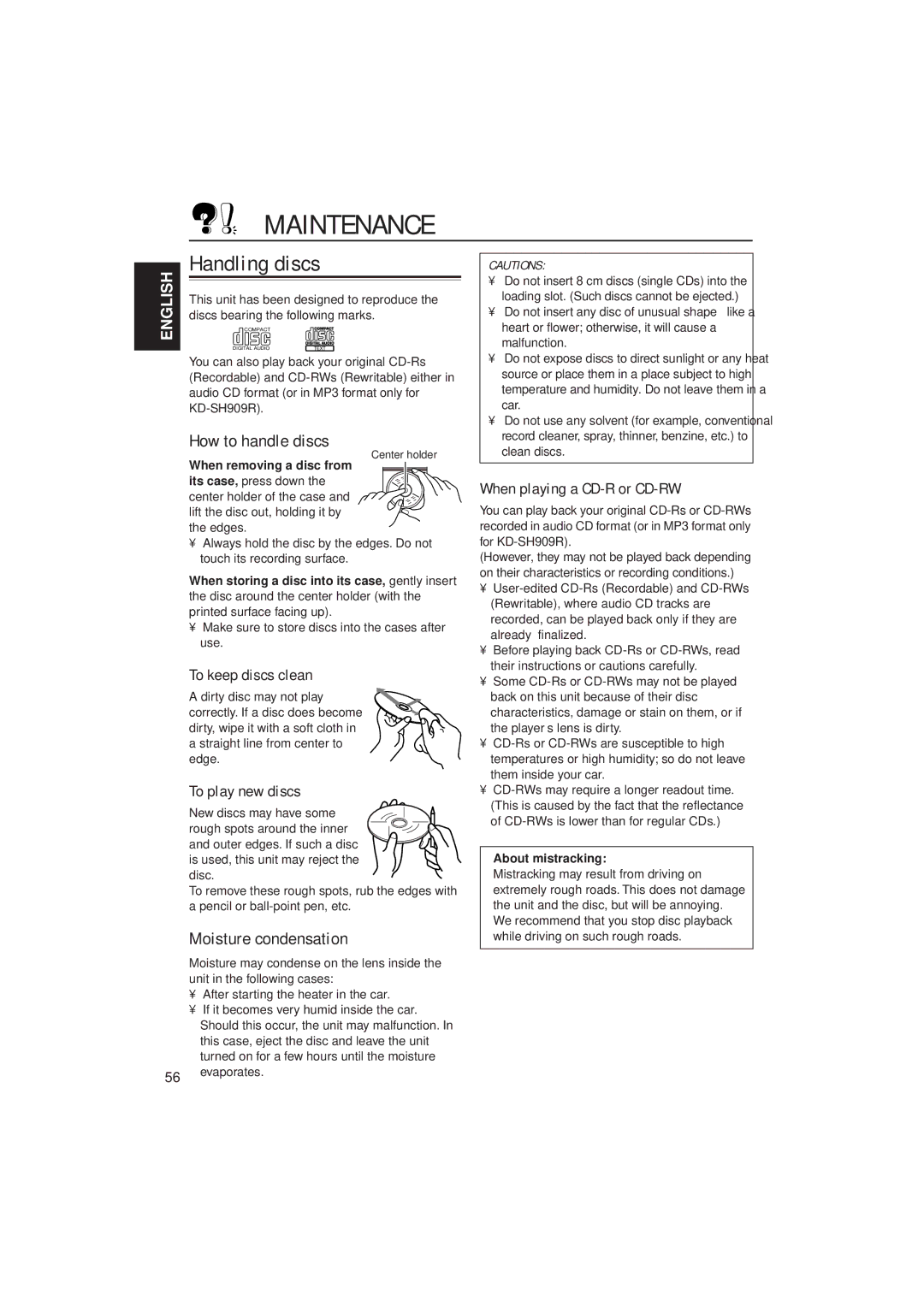 JVC KD-SH909R, KD-SH707R manual Maintenance, Handling discs, How to handle discs, Moisture condensation 