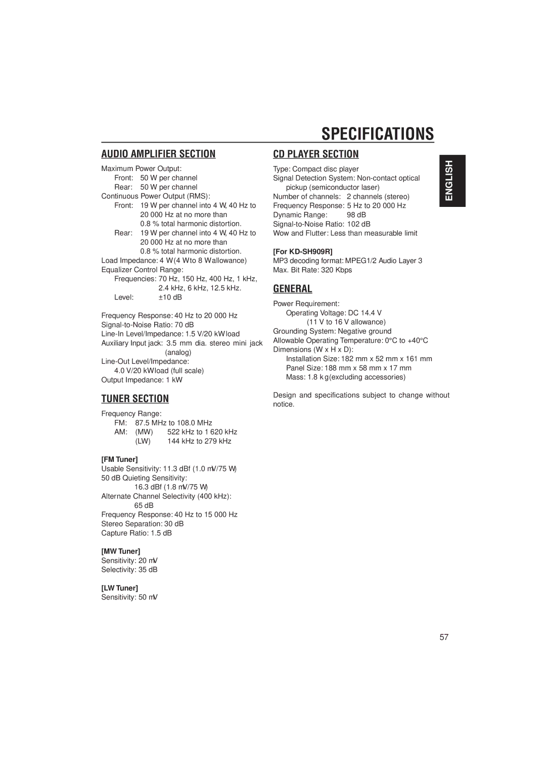 JVC KD-SH707R manual Specifications, FM Tuner, For KD-SH909R, MW Tuner, LW Tuner 