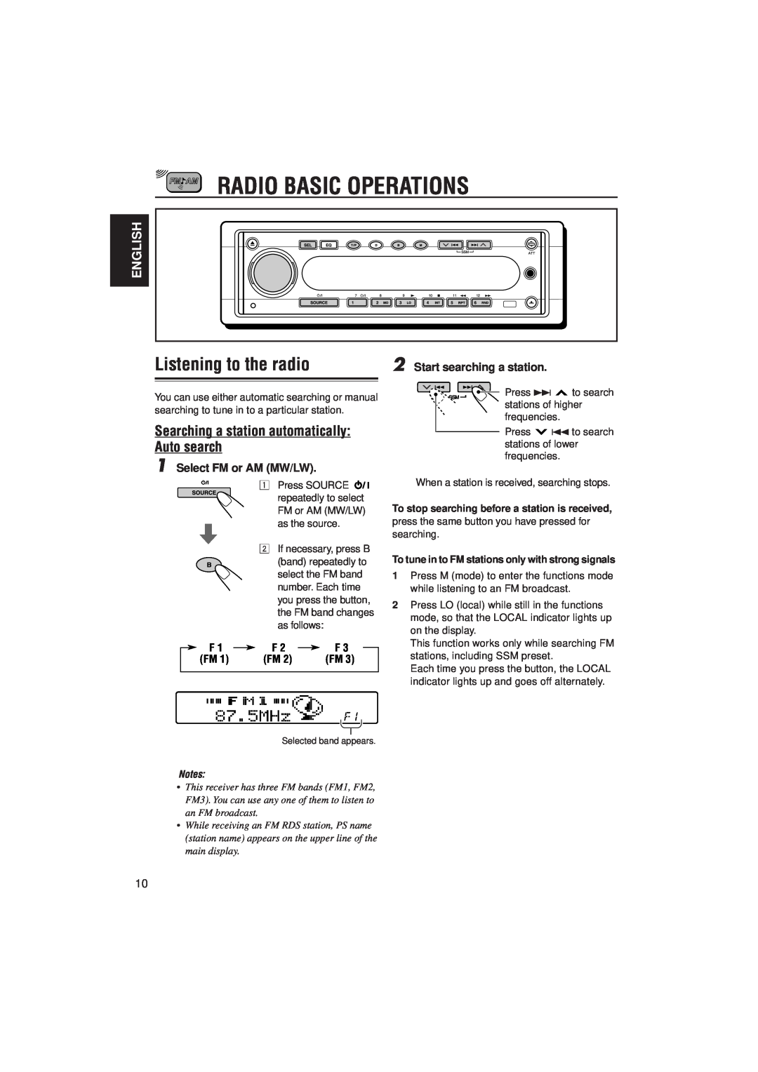 JVC KD-SH909R manual Radio Basic Operations, Listening to the radio, Searching a station automatically Auto search, English 
