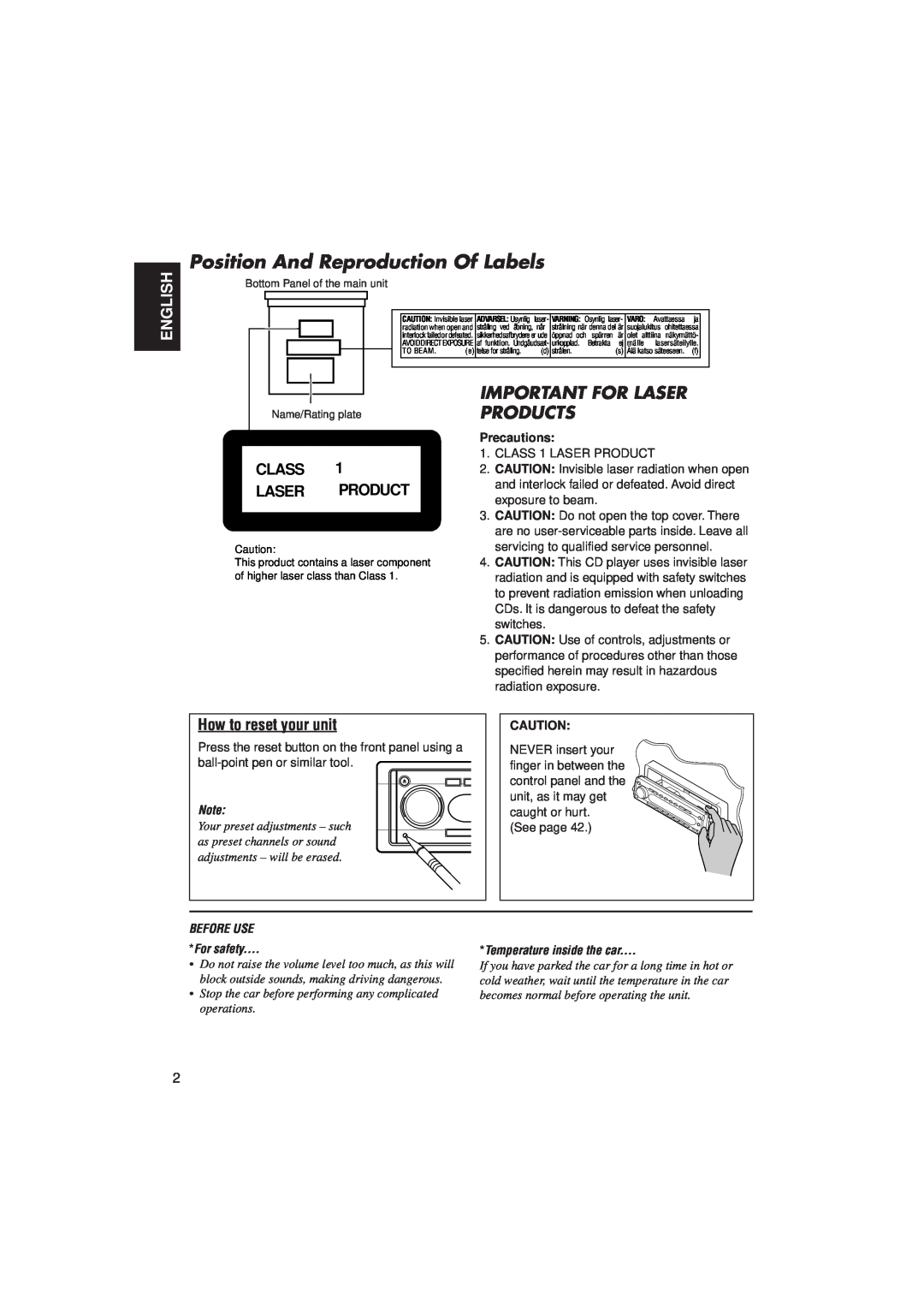 JVC KD-SH909R, KD-SH707R manual English, Class Laser Product, How to reset your unit, Position And Reproduction Of Labels 