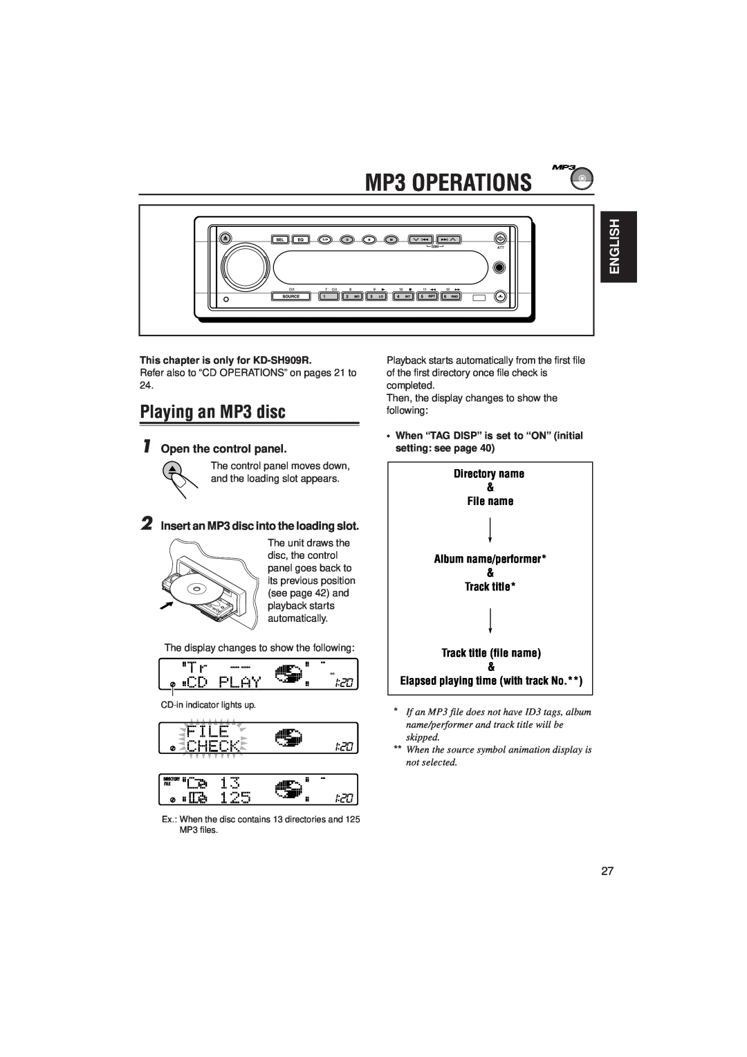 JVC KD-SH707R MP3 OPERATIONS, Playing an MP3 disc, English, Open the control panel, Track title Track title file name 