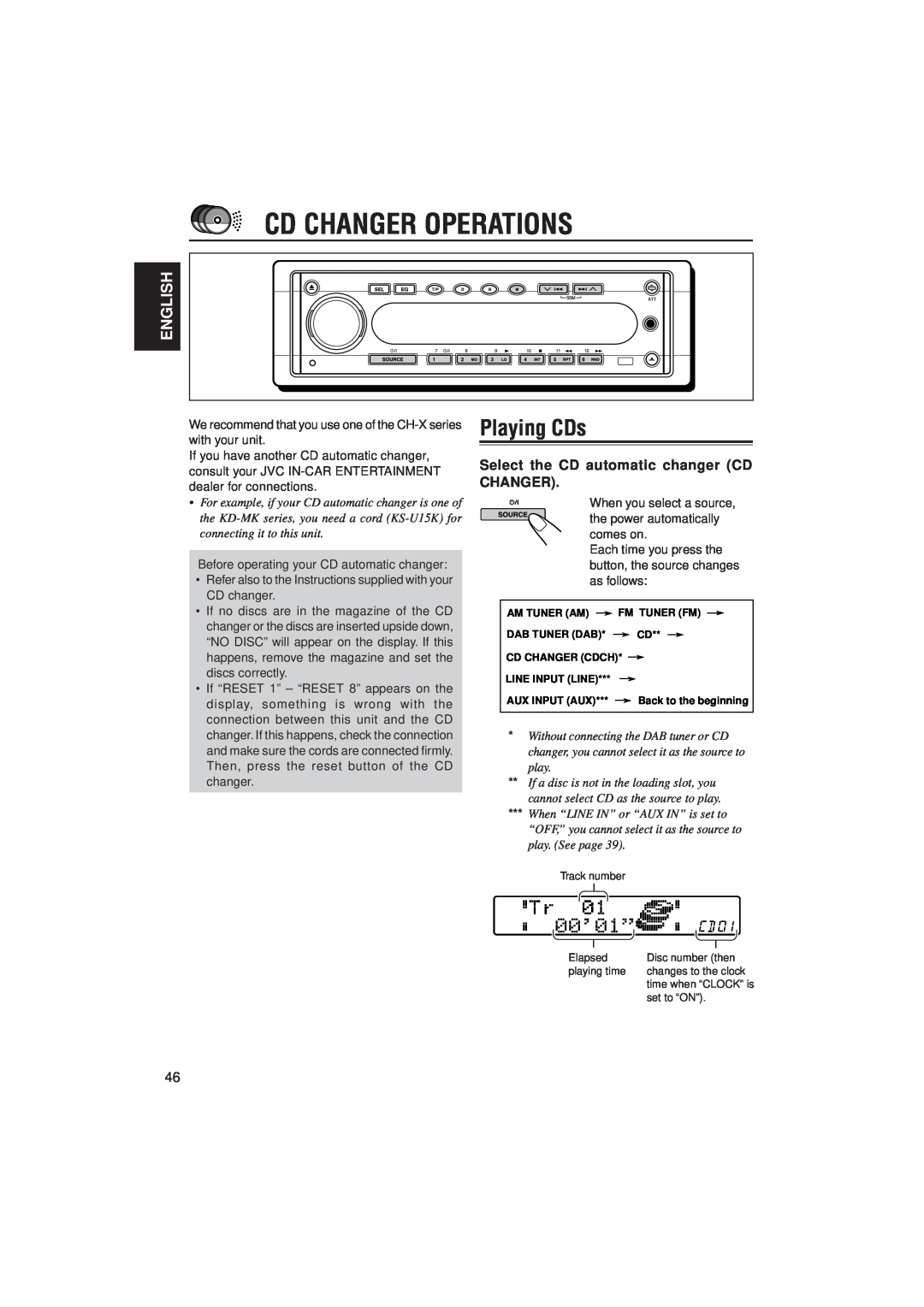JVC KD-SH909R, KD-SH707R manual Cd Changer Operations, Playing CDs, English, Select the CD automatic changer CD CHANGER 
