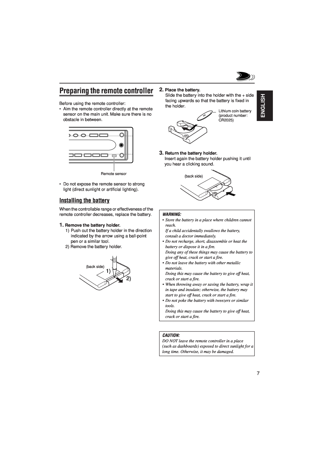 JVC KD-SH707R, KD-SH909R manual Preparing the remote controller, Installing the battery, English 