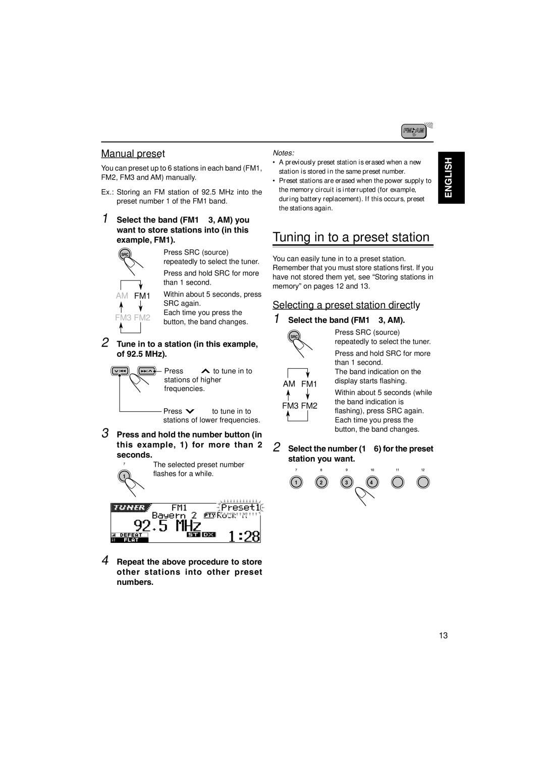 JVC KD-SH9103 manual Manual preset, Selecting a preset station directly, Tune in to a station in this example, of 92.5 MHz 