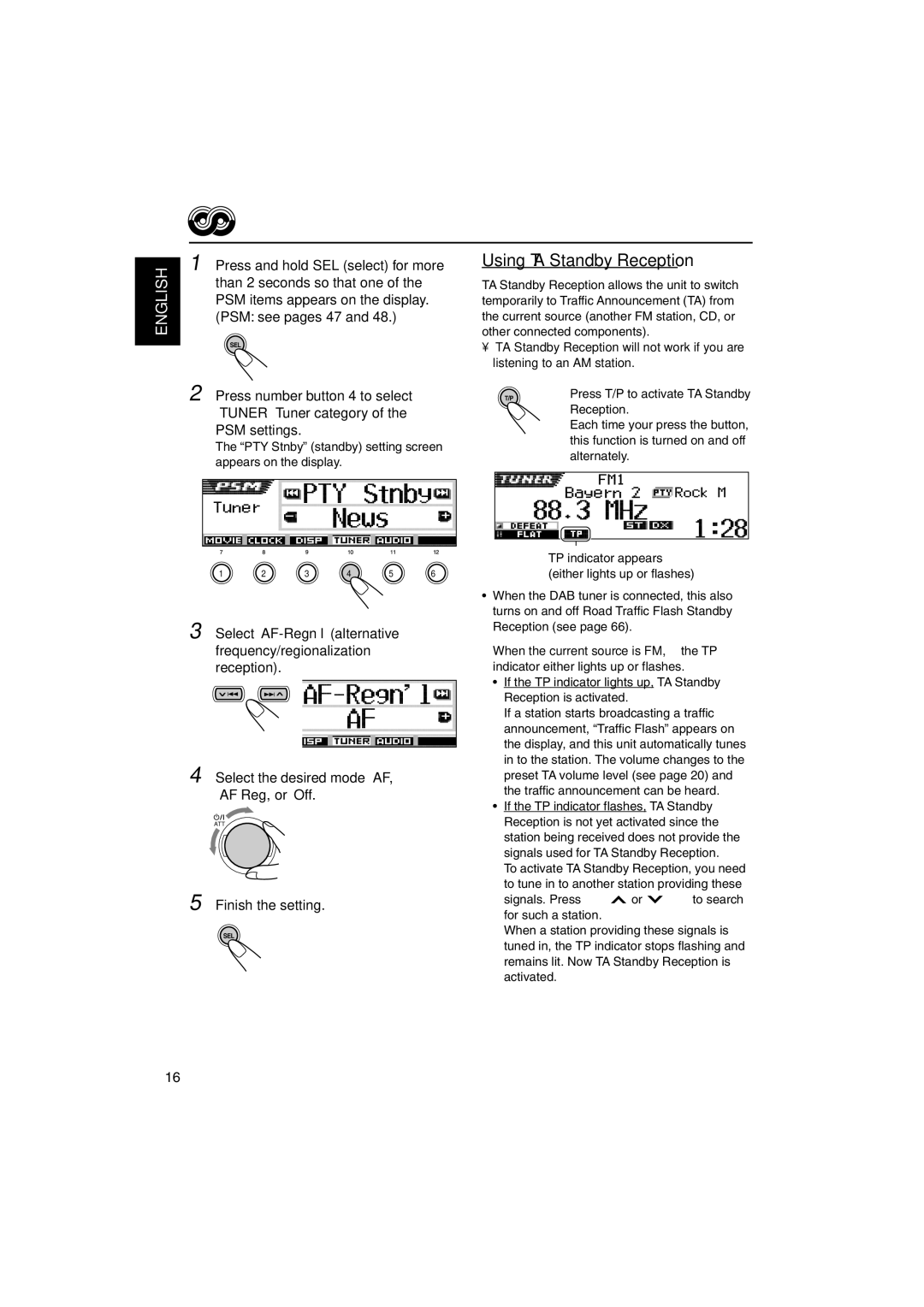 JVC KD-SH9104, KD-SH9103 Using TA Standby Reception, PTY Stnby standby setting screen Appears on the display, Alternately 