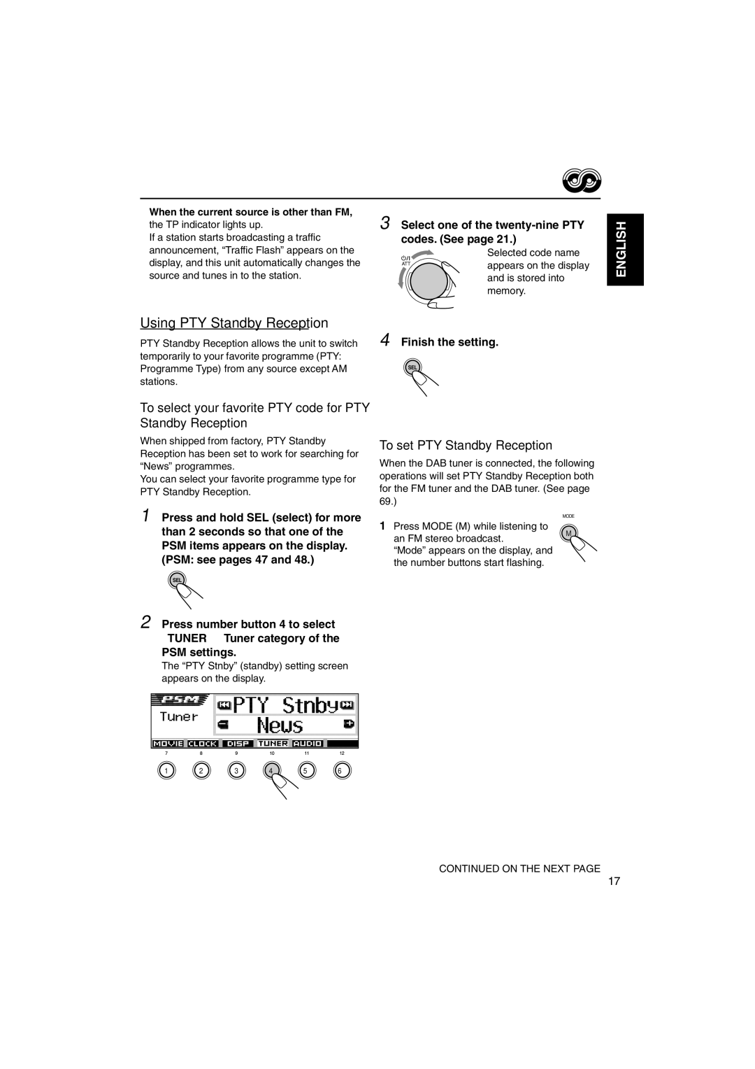 JVC KD-SH9103 manual Using PTY Standby Reception, To select your favorite PTY code for PTY Standby Reception, Codes. See 