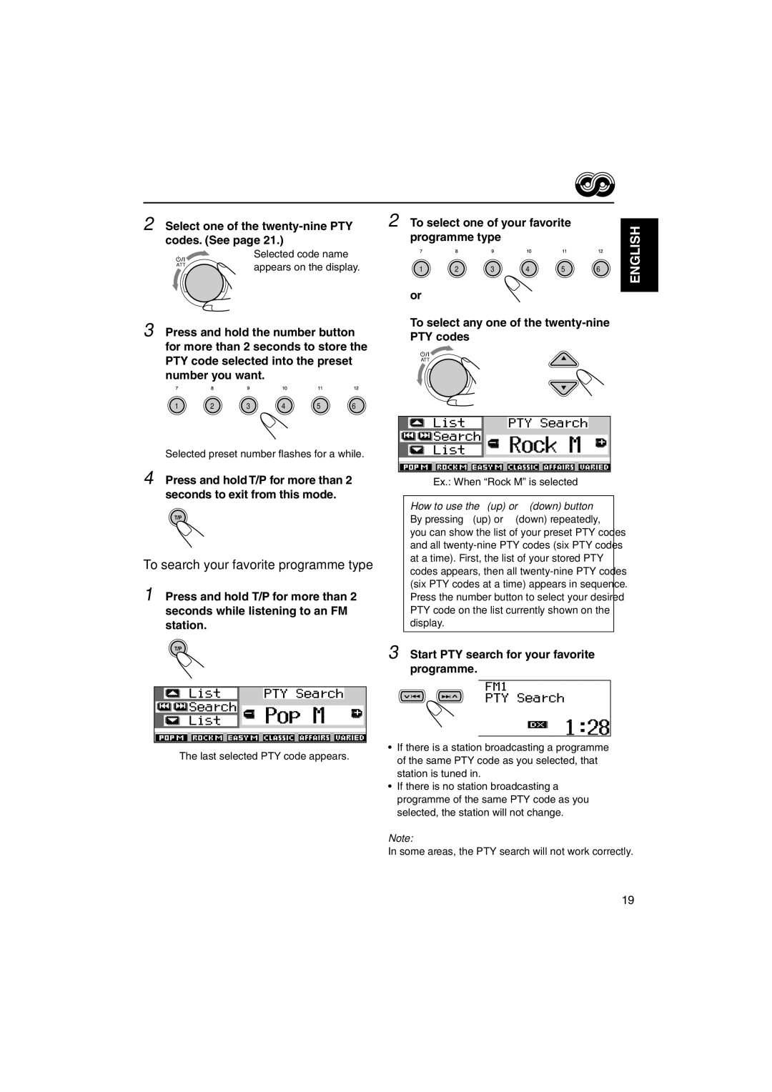 JVC KD-SH9101, KD-SH9104 manual Select one of the twenty-nine PTY codes. See, Start PTY search for your favorite programme 