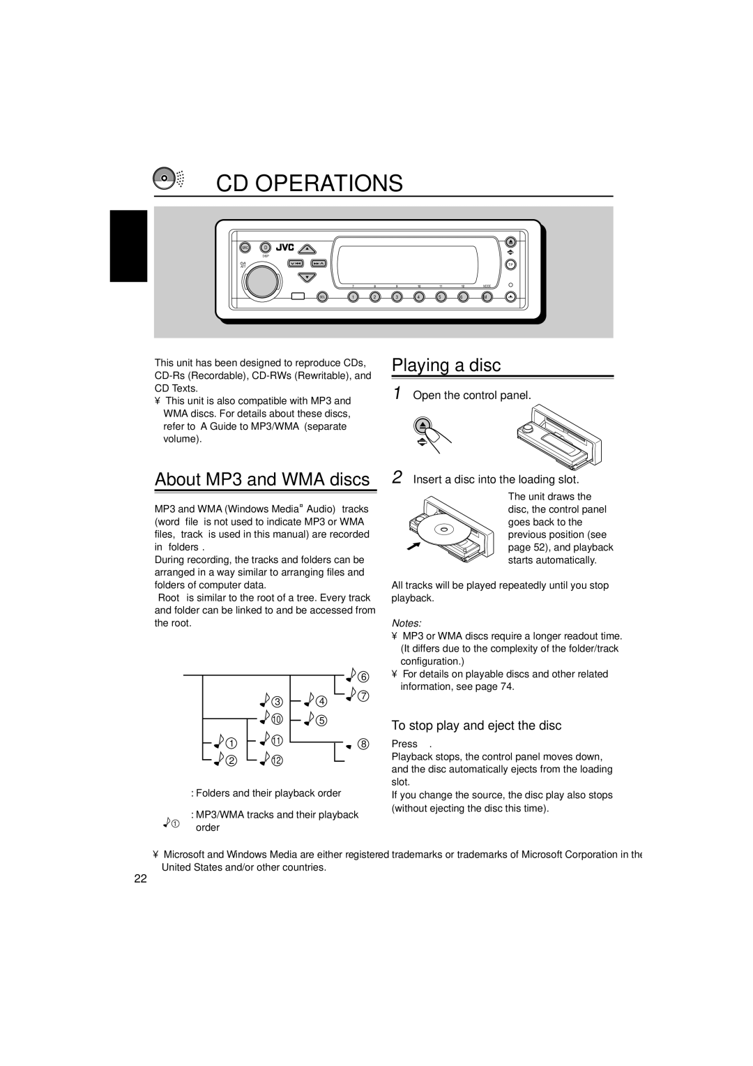 JVC KD-SH9102, KD-SH9104, KD-SH9103 CD Operations, Playing a disc, About MP3 and WMA discs, To stop play and eject the disc 