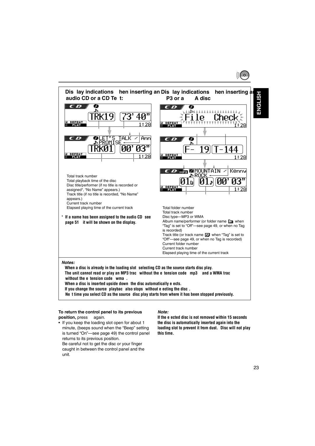 JVC KD-SH9101, KD-SH9104, KD-SH9103 manual Audio CD or a CD Text MP3 or a WMA disc, Display indications when inserting an 