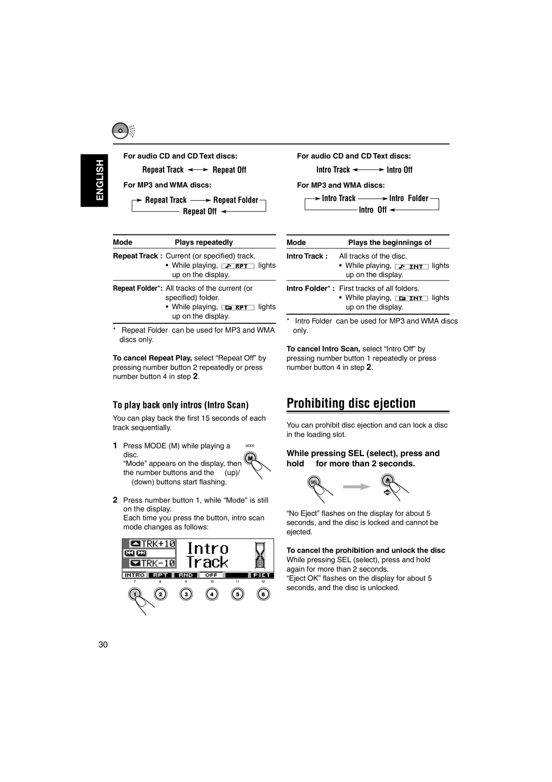 JVC KD-SH9102, KD-SH9104, KD-SH9103, KD-SH9101 manual Prohibiting disc ejection, To play back only intros Intro Scan 