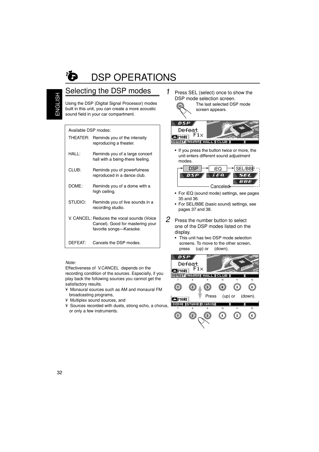 JVC KD-SH9104, KD-SH9103, KD-SH9102, KD-SH9101 manual DSP Operations, Selecting the DSP modes 