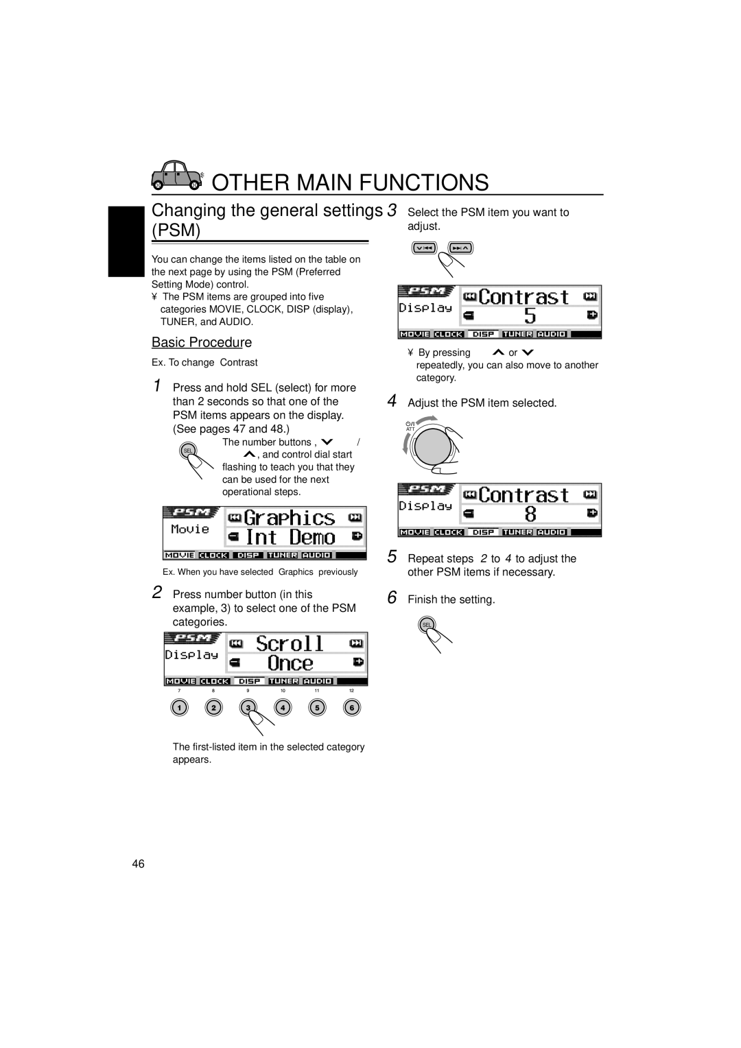 JVC KD-SH9102, KD-SH9104, KD-SH9103, KD-SH9101 manual Other Main Functions, Basic Procedure, Adjust the PSM item selected 