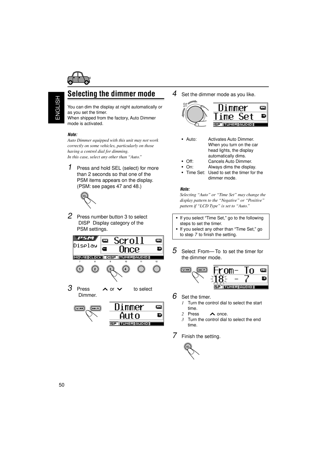 JVC KD-SH9102, KD-SH9104, KD-SH9103 manual Selecting the dimmer mode, Select From- To to set the timer for the dimmer mode 