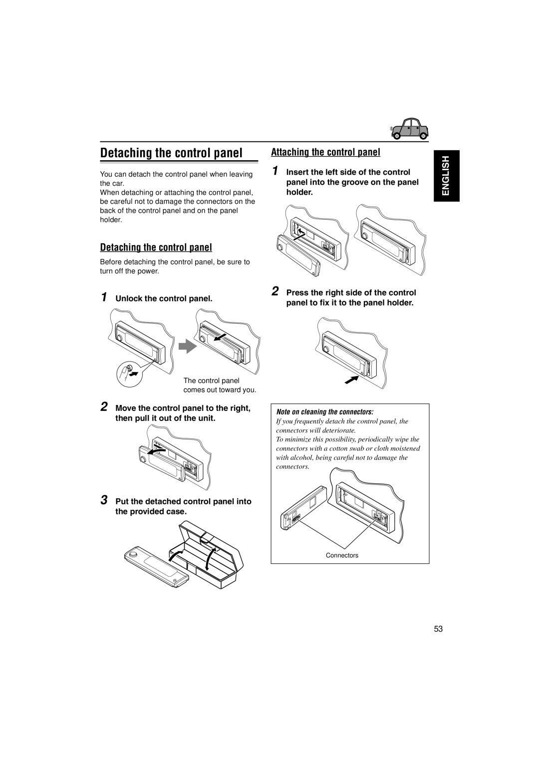 JVC KD-SH9103, KD-SH9104, KD-SH9102 manual Detaching the control panel, Attaching the control panel, Unlock the control panel 