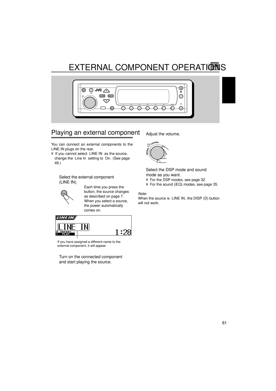 JVC KD-SH9103 External Component Operations, Playing an external component 3 Adjust the volume, For the DSP modes, see 