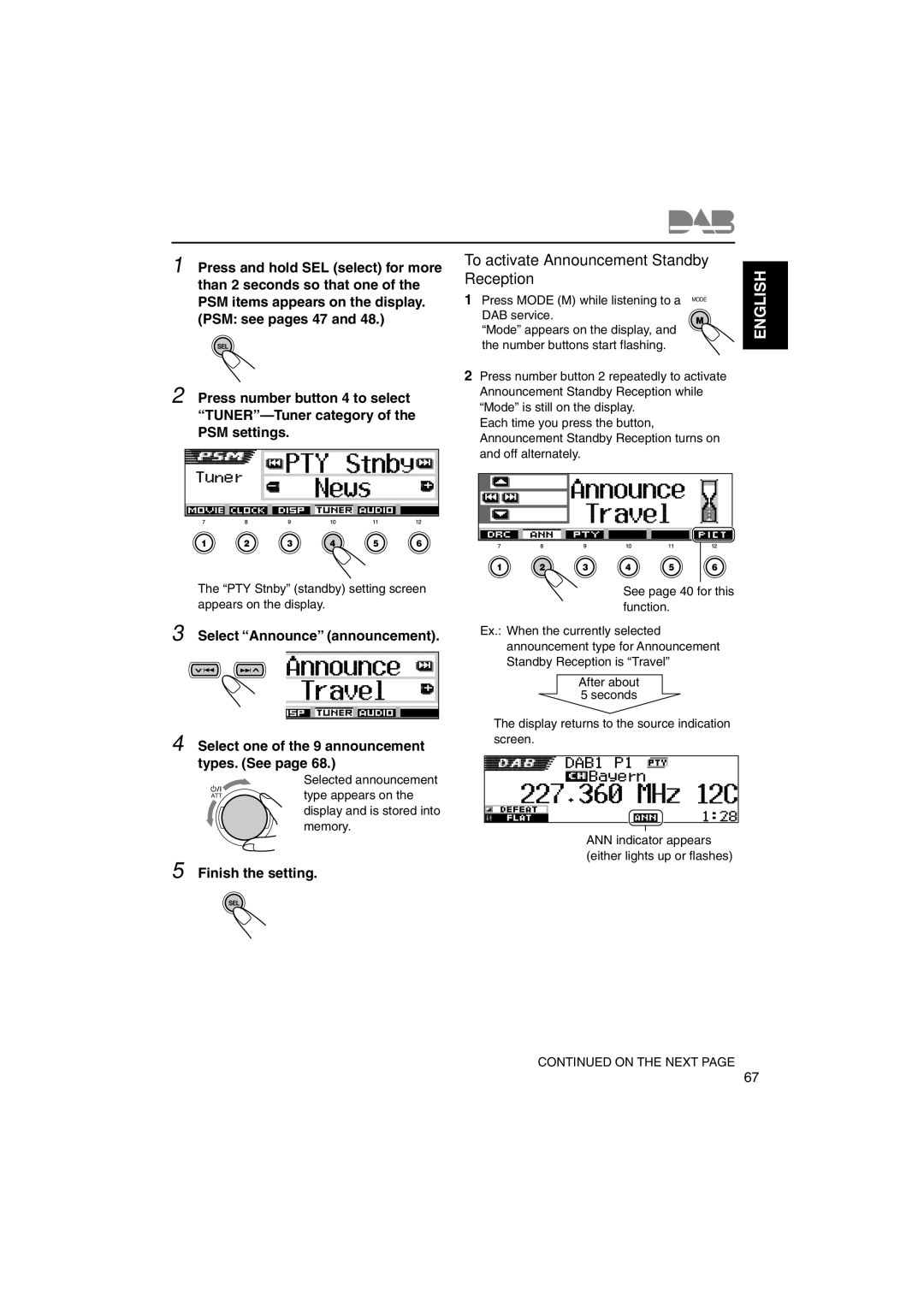 JVC KD-SH9101 manual To activate Announcement Standby Reception, Selected announcement, Display and is stored into memory 